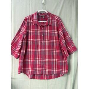 CATHERINES‎ Womens Size 2X 22/24 Red Plaid Button Up Shirt Roll Tab Sleeve